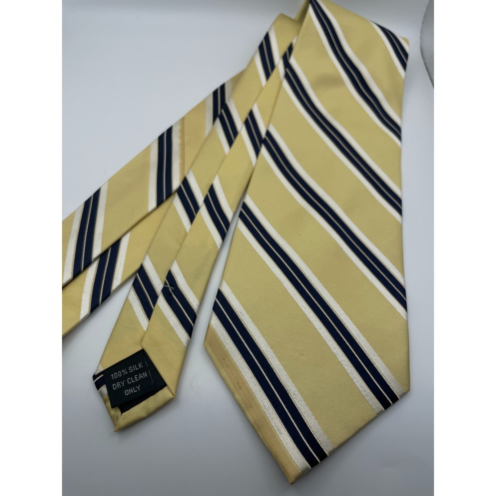 Fabriano Mens Silk Tie Yellow Navy Blue White Diagonal Striped Classic Necktie